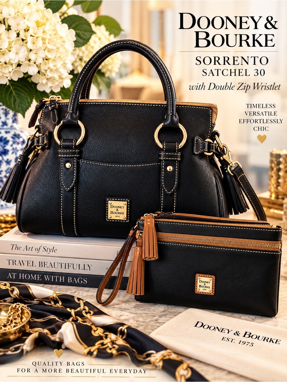 Dooney & Bourke Black Satchel with Tan Accents and Zip Wristlet